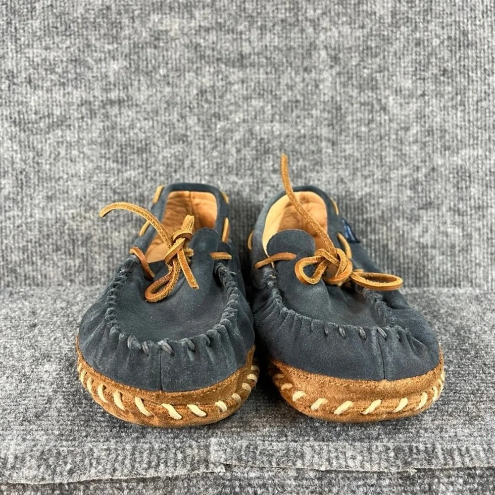 LL Bean Mens 8M Navy Suede Soft Sole Moccasin Slippers Whipstitch Blue Tan